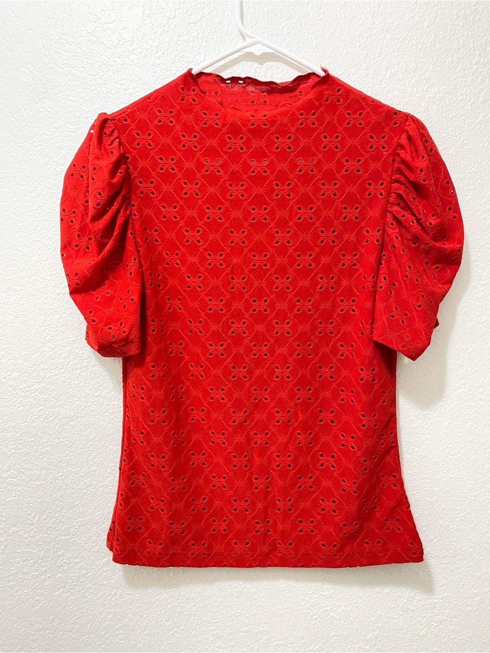 Red Eyelet Puff-Sleeve Women's Top